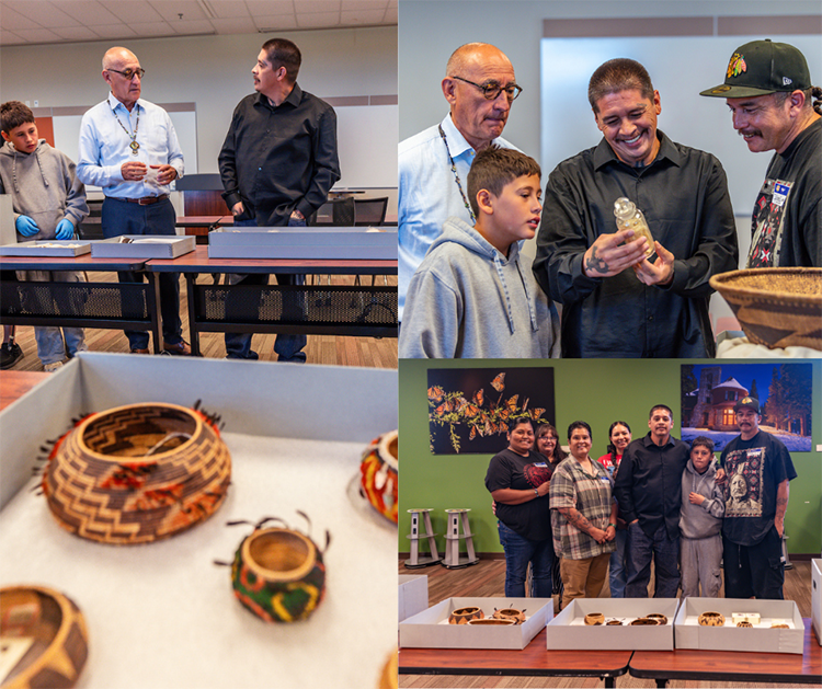 Big Valley Tribal Chairman Flaman McCloud Jr. (in black dress shirt), State Parks Director Armando Quintero, and tribal members discuss items being repatriated. Photos from California State Parks.